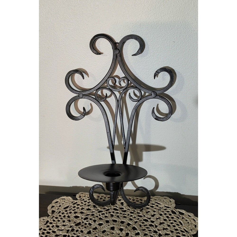 Black Wrought Iron Wall Candle Sconce Scroll Pillar Holder Vintage Farmhouse - Picture 3 of 10
